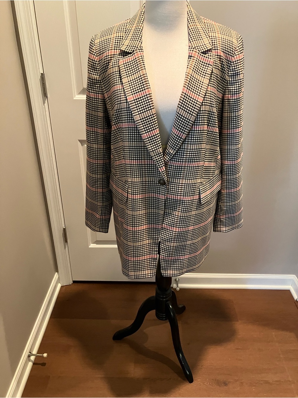 LOFT Plaid Single-Button Blazer with Pink Accents
